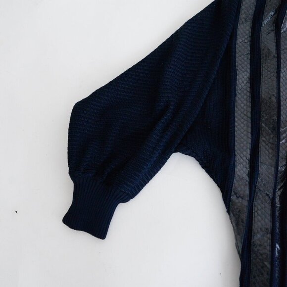 Vintage Beltrami Navy 100% Silk Zip Up Cardigan w Shoulder Pad Sweater L - Picture 8 of 14